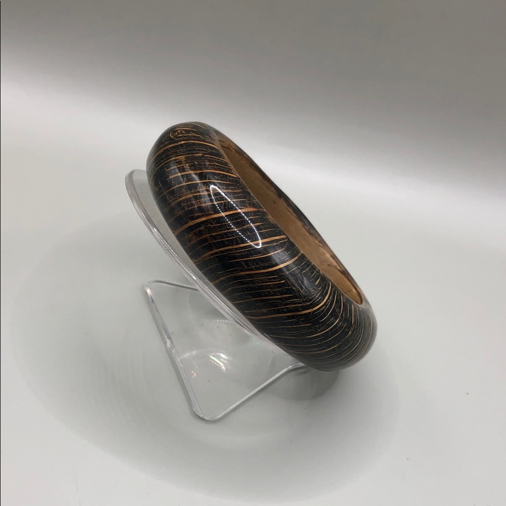 Wooden wood fiber lucite overlay bangle bracelet brown earthy colors stackable.
